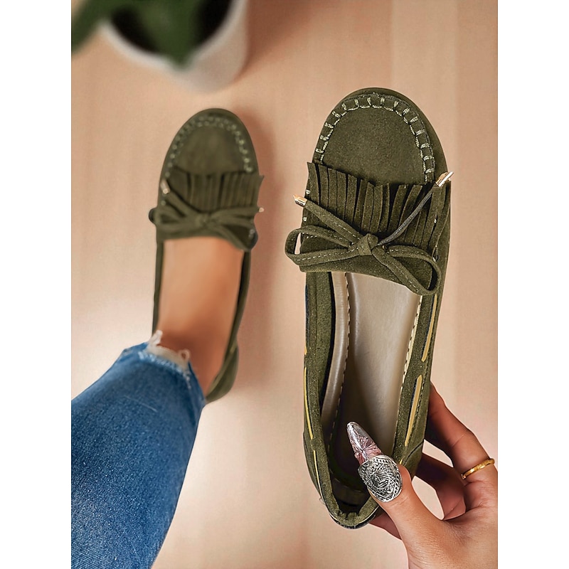 Women's Army Green Faux Suede Moccasin Loafers with Tassel and Fringe – Casual Driving Flats for Daily Wear and Walking3