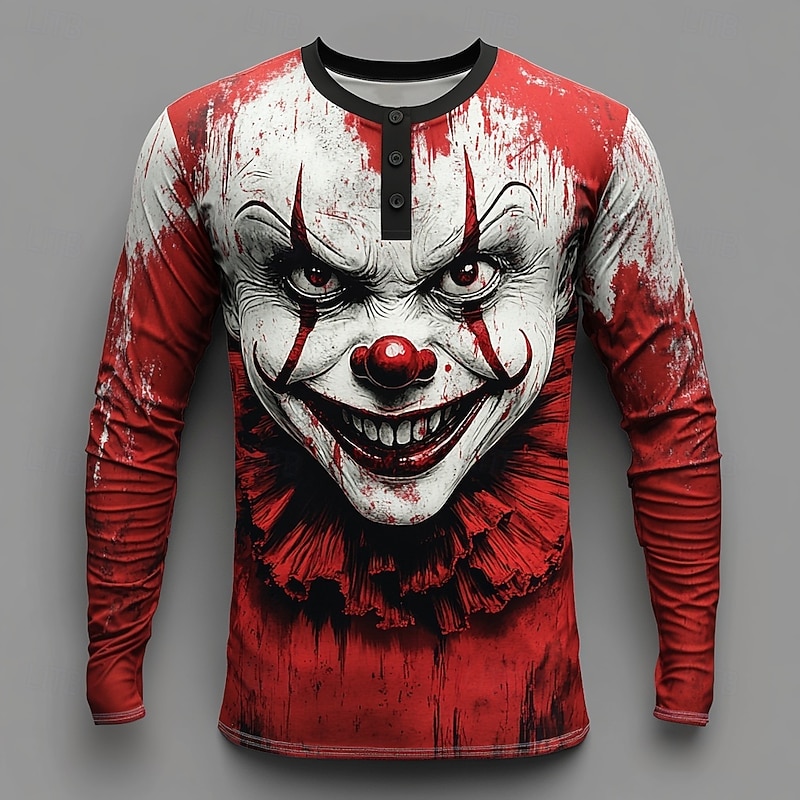 Men's Halloween Clown Henley Shirt Long Sleeve Fashion Cute Daily Casual Holiday Going out Fall Spring &  Fall Red Henley Henley T-Shirt