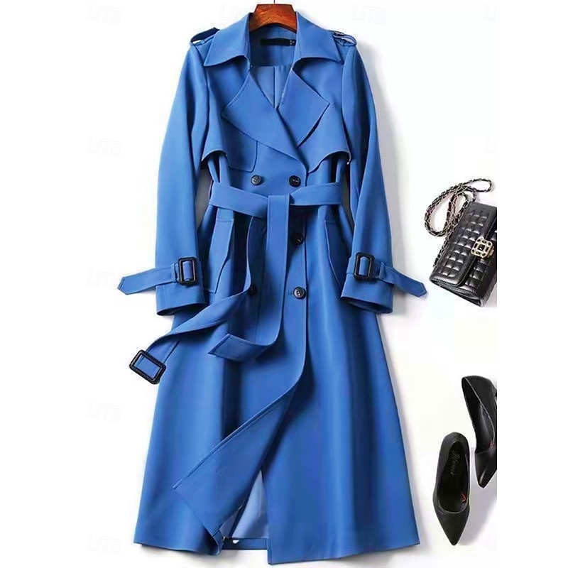 Women's Trench Coat Comfortable Breathable Buttons With Belt Casual Plain Vacation Street Casual Daily Wear Single Breasted Long Turndown Regular Fit Long Sleeve Outerwear Navy Black Red Spring Fall2