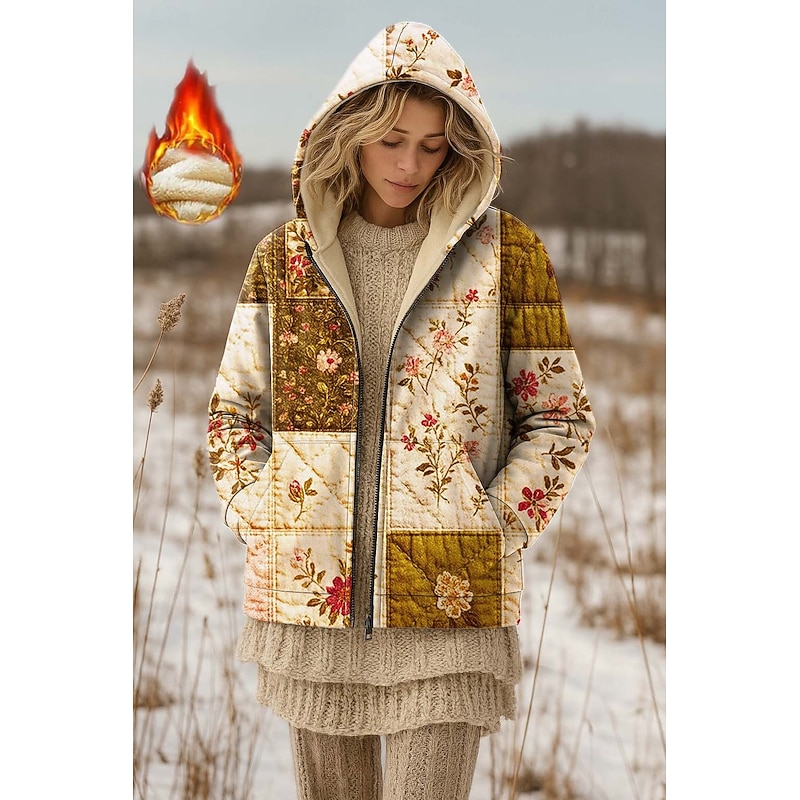 Women's Zip Up Hoodies Floral Graphic Paisley Warm Active Vintage Long Sleeve Hooded Regular Tops Home Party Evening Wear Dailywear Zip Up Patchwork Zipper Orange Brown Spring Fall Winter