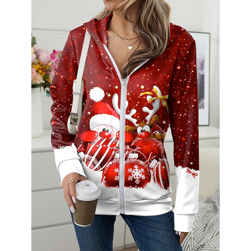 Christmas Women's Zip Up Hoodies Graphic Fashion Casual Long Sleeve Hooded Regular Tops Street Dailywear Patchwork Zipper Pocket Red Blue Purple Green Spring Fall Winter