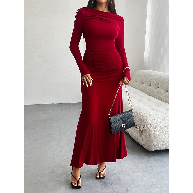 Women's Maxi Dress Sheath Dress Party Party Holiday Date Regular Fit Plain Long Sleeve Crew Neck Black Wine Brown Dark Gray Spring Fall3
