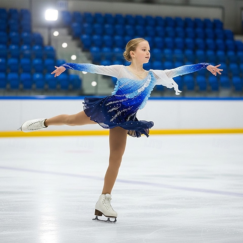 Figure Skating Dress Women's Girls' Ice Skating Dress Blue+Green Black Patchwork Glitter Mesh Spandex High Elasticity Practice Competition Skating Wear Handmade Crystal / Rhinestone Long Sleeve Ice