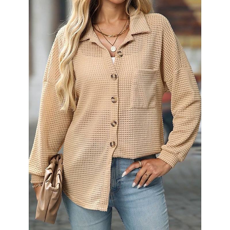 Women's Shirt Jacket Casual Jacket Comfortable Breathable Pocket Buttons Casual Plain Vacation Street Casual Daily Wear Single Breasted Regular Turndown Regular Fit Long Sleeve Outerwear Black