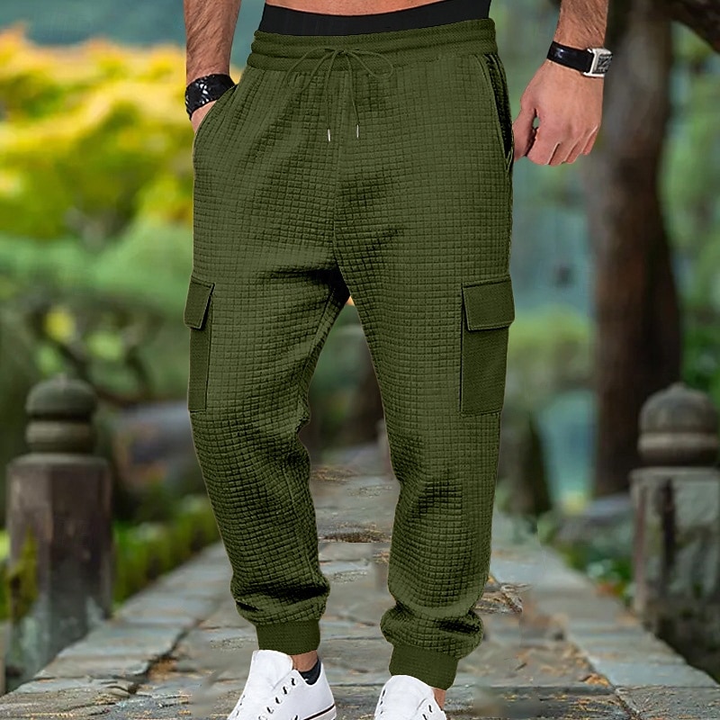 Men's Waffle Cargo Sweatpants Joggers Trousers Casual Pants Drawstring Multi Pocket Plain Comfort Full Length Outdoor Home Party Vacation Ethnic Style Black White Stretchy2