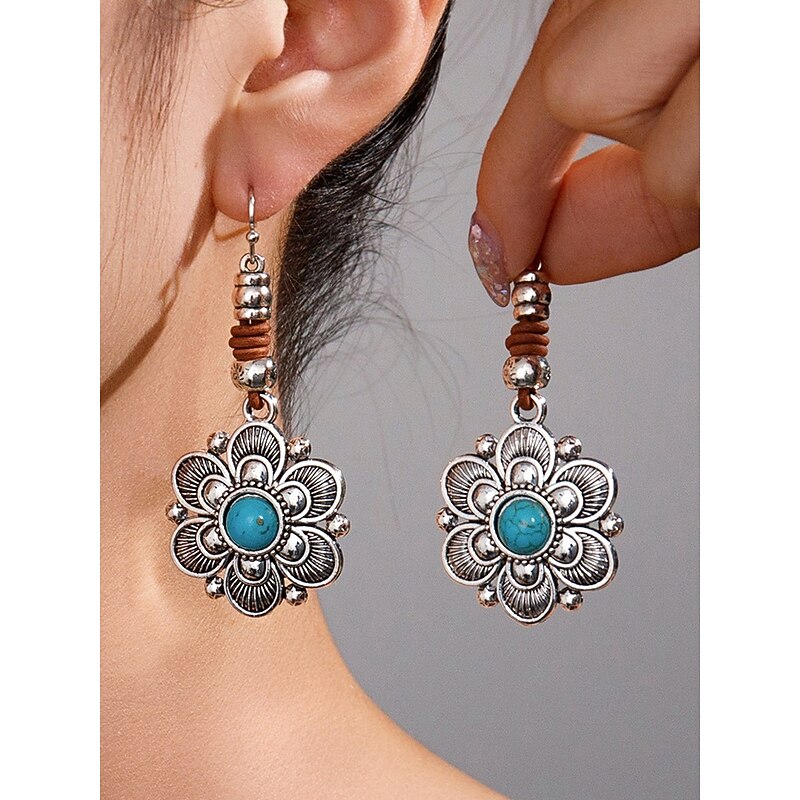 Women's Bohemian Flower Dangle Earrings with Turquoise Stone, Vintage Alloy Drop Earrings for Casual Wear, Beach and Parties2