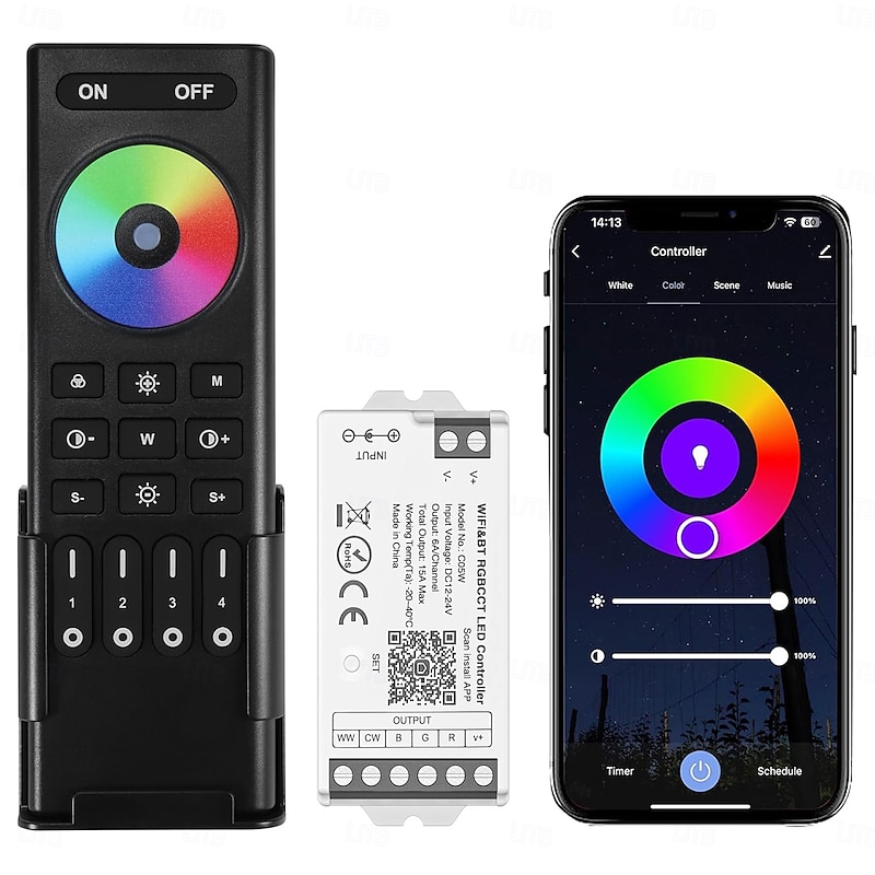5050SMD FCOB COB RGBCCT RF 2.4GHz Wireless Remote RC03RFB & C05RF Tuya Controller Kit 4 Zones Group Control PWM RGBWW(R G B C W) 6pin LED Strip DC5V DC12V DC24V