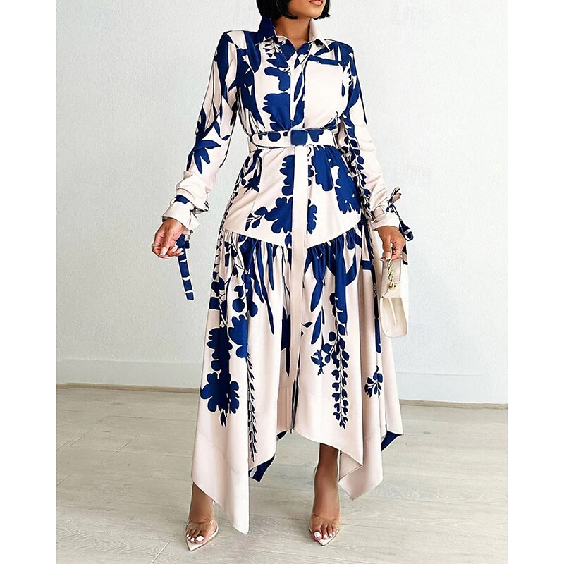 Women's Midi Dress Shirt Dress Floral Dress Print Dress Modern Outdoor Daily Going out Regular Fit Floral Long Sleeve Shirt Collar Black Wine Green Dark Blue Spring Fall
