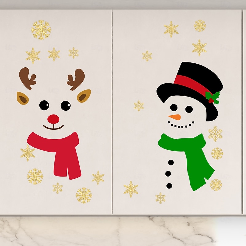 Christmas Sticker Wall Decals Cartoon Snowman Snowflake Removable Vinyl Mural Holiday Party Bedroom Living Room Glass Window Door Self Adhesive Home Decoration For Christmas Festival Atmosphere