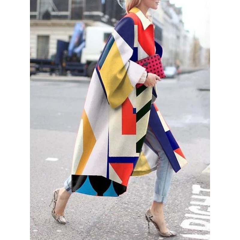 Women's Winter Coat Comfortable Breathable Print Artistic Casual Geometric Vacation Street Casual Daily Wear Open Front Long Turndown Regular Fit Long Sleeve Outerwear Red Blue Fuchsia Spring Fall2