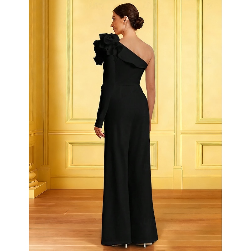 Jumpsuits Mother of the Bride Dress Elegant Simple One Shoulder Floor Length Stretch Fabric Long Sleeve with Flower Solid Color2