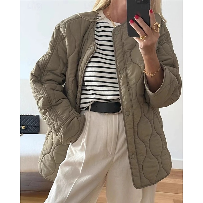 Women's Puffer Jacket Quilted Jacket Casual Jacket Comfortable Breathable Pocket Buttons Casual Plain Vacation Street Casual Daily Wear Single Breasted Short Collarless Regular Fit Long Sleeve