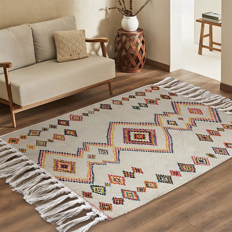 Geometric Woven Rug For Home Minimalist Pattern Dust Resistant Stain Resistant Easy Care Ethnic Style Floor Mat Decorative Area Carpet Living Room Bedroom Guesthouse Mat2