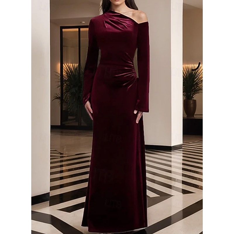Black Tie Stretch Velvet Sheath / Column Evening Gown Elegant Dress Formal Wedding Floor Length Long Sleeve One Shoulder with Pleats 2025