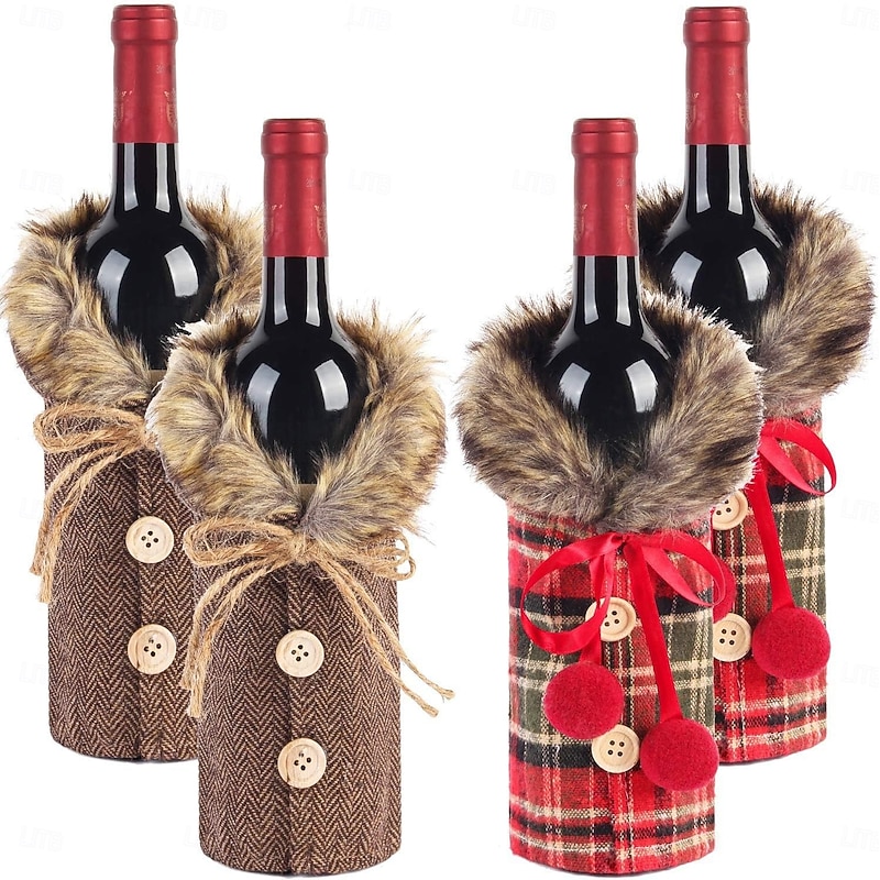 4 Pack Christmas Wine Bottle Covers, Striped and Plaid Skirt Wine Bags, Holiday Red Wine and Champagne Bottle Decorations, Xmas Table Accessories, Party Supplies, Best-Selling Festive Home Decor