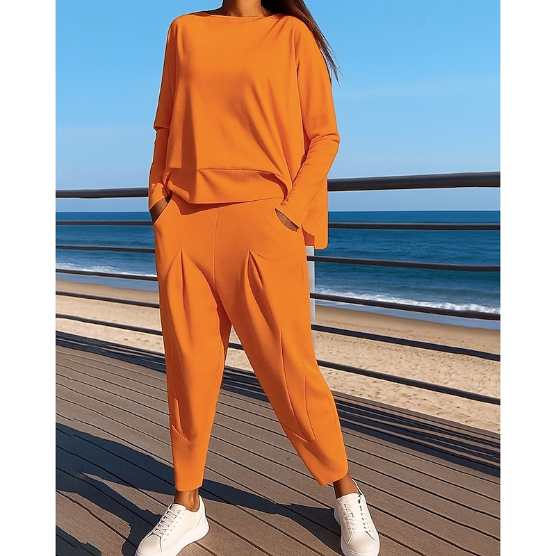 Women's Sweatpants 2 Piece Tracksuit Sportswear Pocket Solid Colored Clothing Suit Fall Black White Outdoor Travel Sports Baggy Long Sleeve Sport Activewear Micro-elastic Regular Fit