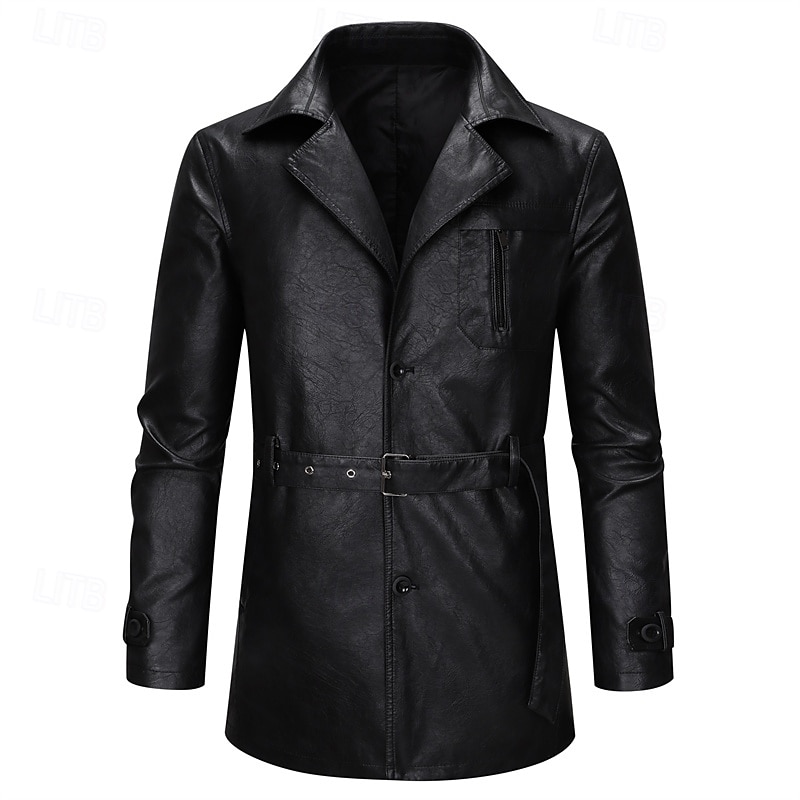 Men's Overcoat Trench Coat Long Trench Coat Vacation Daily Spring Fall PU Leather Windproof Outerwear Clothing Apparel Fashion Classic Plain Pocket Lapel Single Breasted2