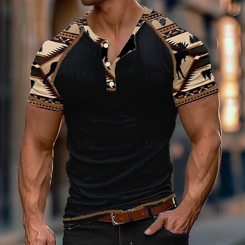 Men's Graphic Henley Shirt Short Sleeve T shirt 3D Print Henley Shirt Fashion Designer Ethnic Casual Daily Black Khaki Summer Clothing Apparel S M L XL XXL XXXL