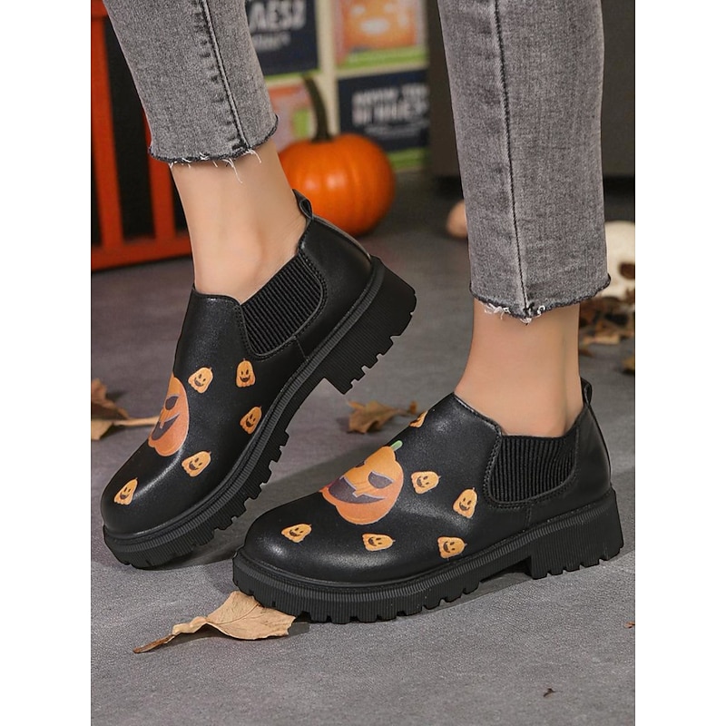 Women's Halloween Pumpkin Print Slip-On Ankle Boots – Black Faux Leather with Elastic Sides for Fall Party and Streetwear4