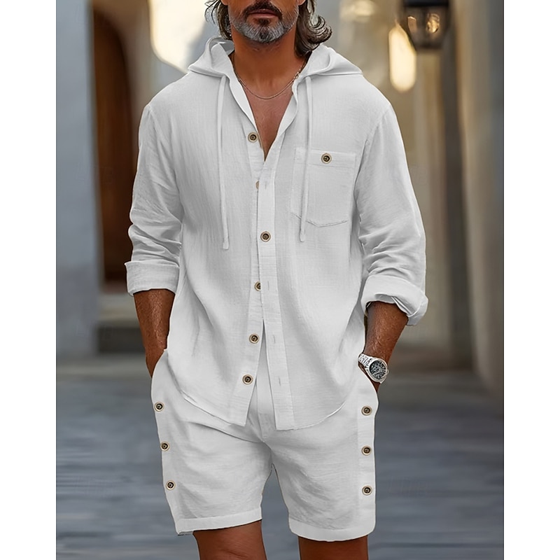 Men's Linen Shirt T-shirt Suits 2 Pieces Outfits Tee & Shorts Long Sleeve Hooded Summer Spring Plain Fashion Casual 2 Piece Button-Down Vacation Daily Wear Going out Black White khaki Top Tee for Men2