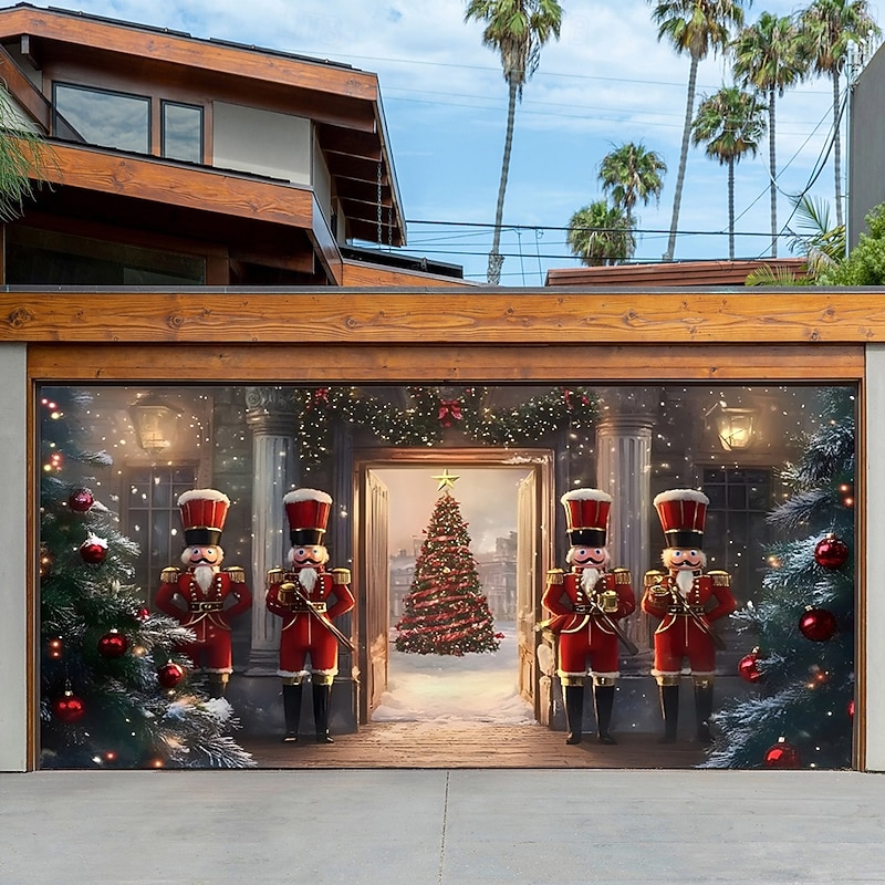 Christmas Outdoor Garage Door Cover Santa Claus Reindeer Nutcracker Large Tapestry Backdrop Holiday Decoration For Outdoor Garage Door Home Wall Winter Christmas Party Decor2