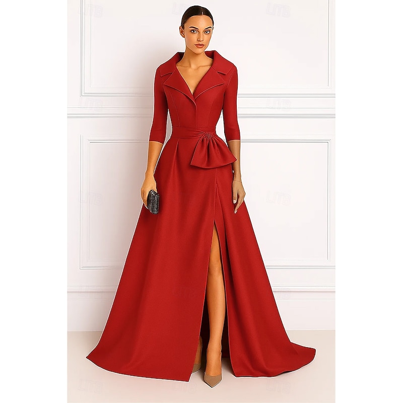 A-Line Portrait Collar Evening Gown Elegant Dress Formal Wedding Sweep / Brush Train 3/4 Length Sleeve V Neck Stretch Satin with Bow and Slit 2025