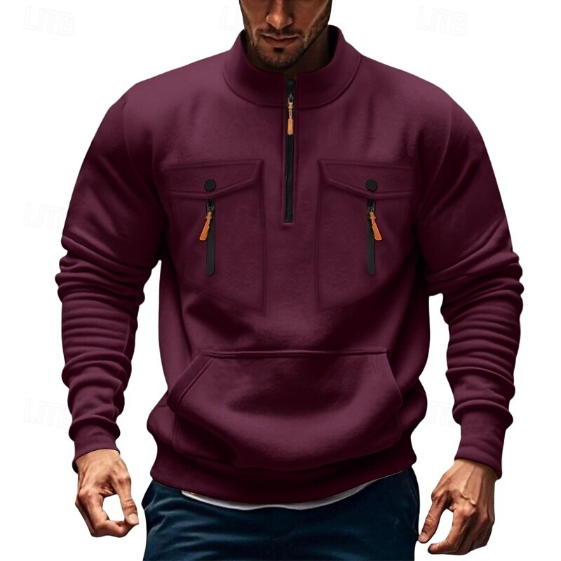 Men's Sweatshirt Quarter Zip Sweatshirt Tactical Hoodie Wine Red Black White Army Green Red Standing Collar Plain Zipper Sports & Outdoor Casual Daily Streetwear Cool Sportswear Spring &  Fall3