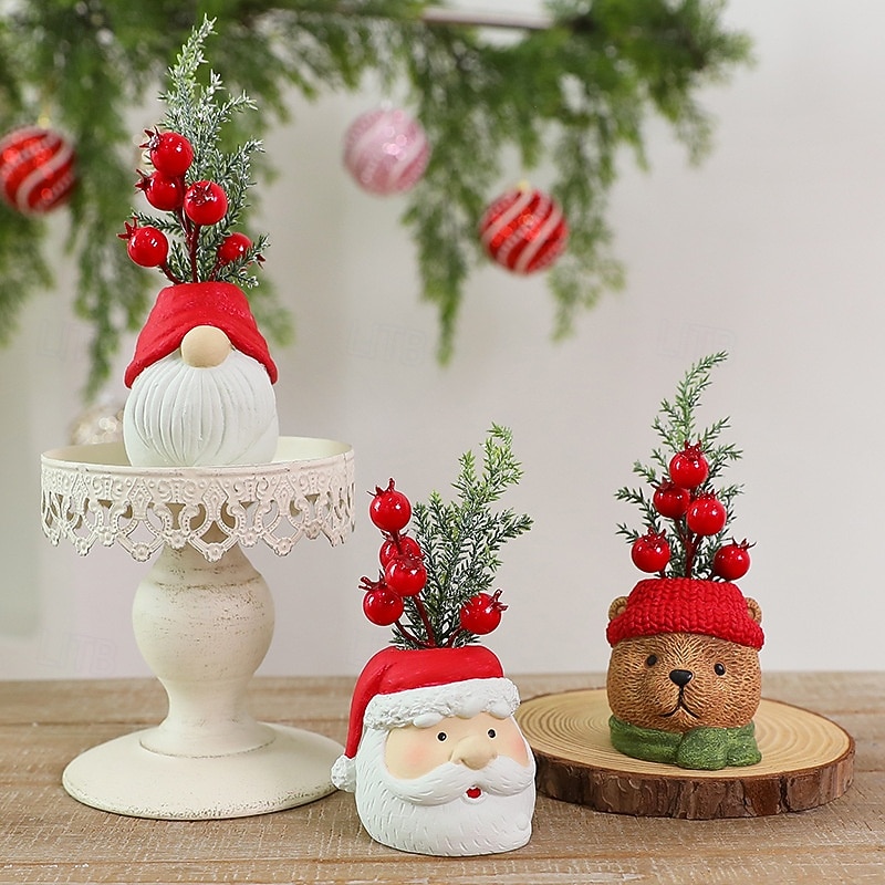 Resin Christmas Ornament, Santa Claus, Snowman & Bear Figurine with Red Hat, Festive Tabletop Christmas Tree with Red Berries &Green Foliage, Indoor/Outdoor Holiday Decor for Tabletop, Mantel, Garden4
