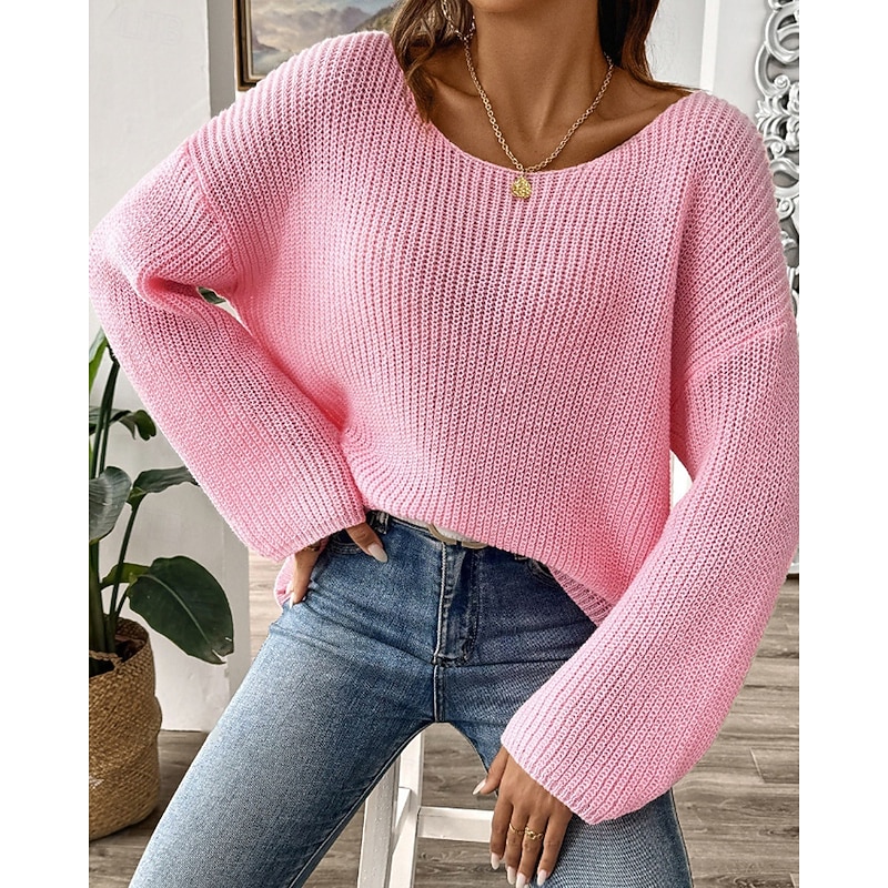 Women's Sweater Pullover Streetwear Casual Solid Color Crew Neck Knitted Flared sleeves Long Sleeve Regular Tops Knit Daily Holiday Going out Black White Fall Winter