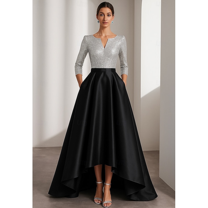 Black Gold A-Line Evening Gown Elegant Formal Dress Formal Wedding Asymmetrical Half Sleeve V Neck Satin with Glitter 20252