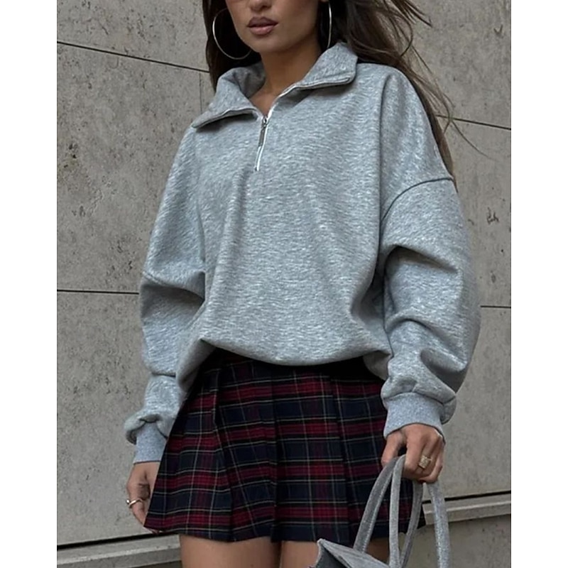 Women's Pullover Sweatshirts Zip Up Sweatshirts Plain Sports Fashion Casual Long Sleeve High Neck Regular Tops Street Dailywear Going out Half Zipper Quarter Zipper Zipper Light Grey Fall Winter2