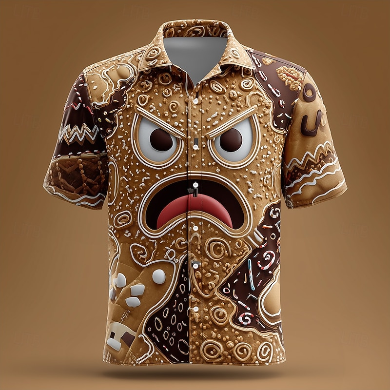 Christmas Men's 3D Cartoon Gingerbread Man Angry Face Shirt Button Up Shirt Short Sleeve Funny Outdoor Holiday Summer Spring Turndown 3D Print Collared Shirts Brown