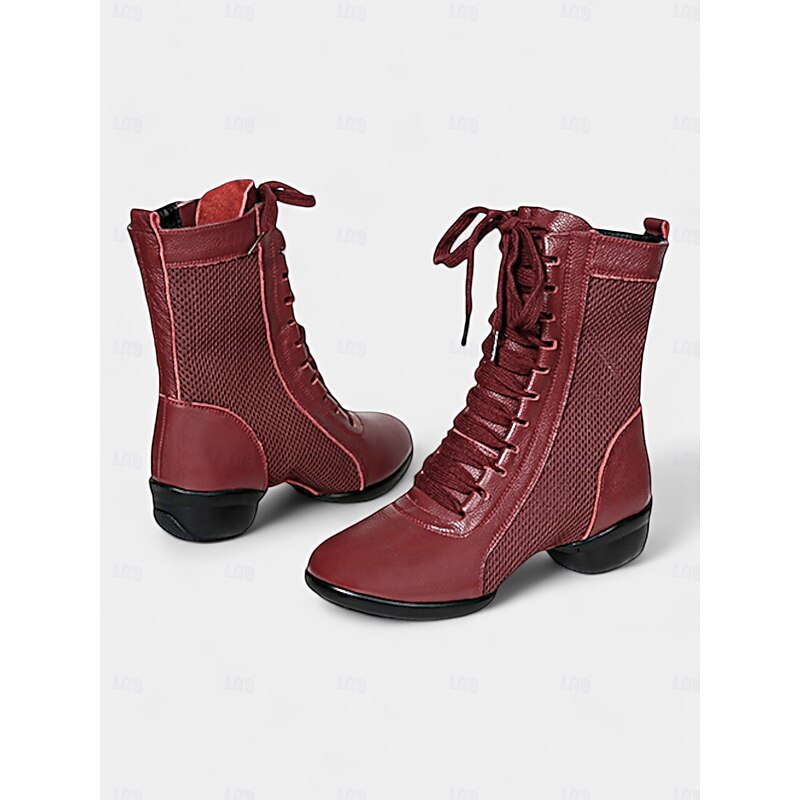 Women's Red Lace-Up Dance Boots with Mesh Panels and Low Heel, Ideal for Jazz, Ballroom, and Latin Dance Performances2