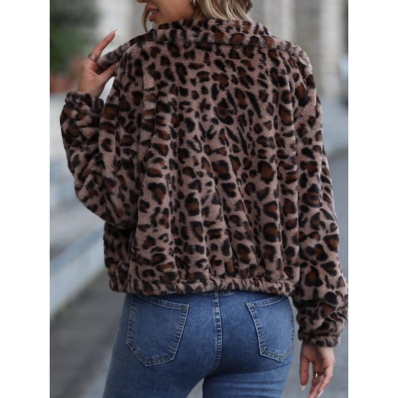 Women's Sherpa Jacket Teddy Coat Comfortable Breathable Pocket Print Casual Leopard Vacation Street Casual Daily Wear Zipper Short Turndown Loose Fit Long Sleeve Outerwear Leopard Spring Fall4