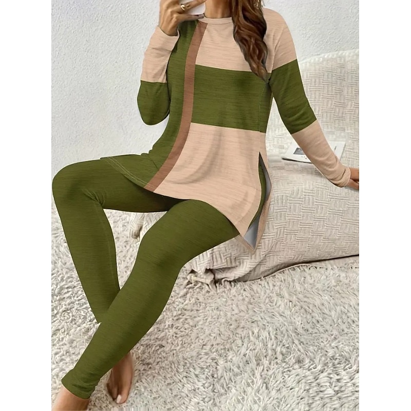 Women's Elegant Vacation Fashion Pants Sets Long Sleeve Round Neck Graphic Geometric Print Casual Daily Casual Daily Black Green Gray Spring Regular Fit2