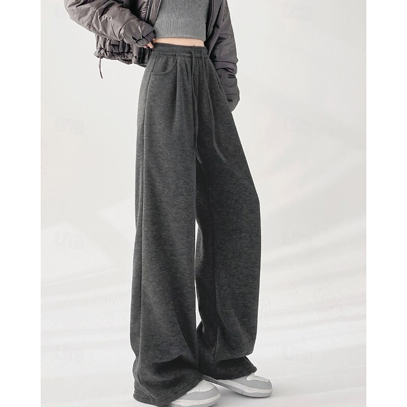 Women's Culottes Wide Leg Chinos Casual Full Length Mid Waist Plain Pocket Elastic Drawstring Design Thermal Warm Stretchy Vacation Street Holiday Dark-Gray Apricot Black Winter Loose Fit2