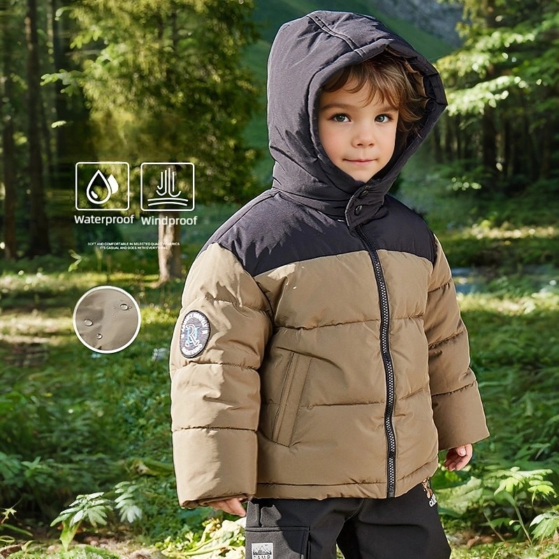 Kids Unisex Down Jacket Hoodie Jacket Puffer Jacket Outerwear Color Block Long Sleeve Zipper Pocket Lightweight Comfort Waterproof Coat Outdoor Daily Basic Army Green Fall Winter 4 years+