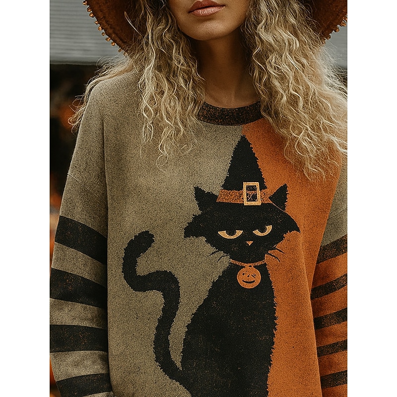 Women's Pullover Graphic Cat Pumpkin Vintage Fashion Classic Long Sleeve Crew Neck Regular Tops Casual Print Orange Fall Winter2
