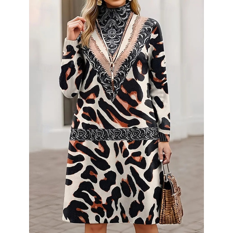 Women's Sweater Dress Mini Dress Shift Dress A Line Dress Vacation Party Casual Outdoor Home Casual Loose Fit Graphic Leopard Tribal Long Sleeve Turtleneck White Blue Spring Fall Winter