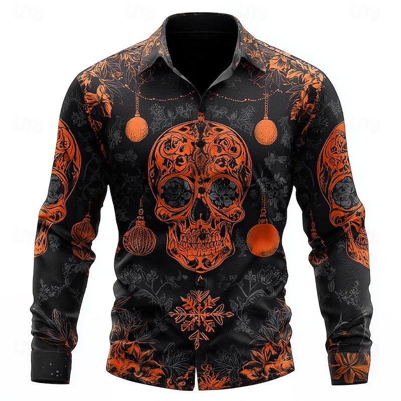 Halloween Men's Skull Snowflake Christmas Light Shirt Button Up Shirt Long Sleeve Dark Punk Gothic Style Outdoor Holiday Summer Spring Turndown 3D Print Collared Shirts Red Purple Orange Green