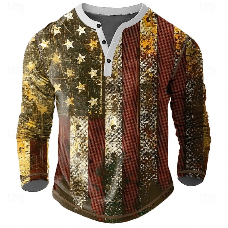 Men's Graphic Flag Henley Shirt Tee Long Sleeve Vintage Fashion Designer Outdoor Casual Daily Spring &  Fall All Seasons Navy Blue khaki Henley Henley T-Shirt4