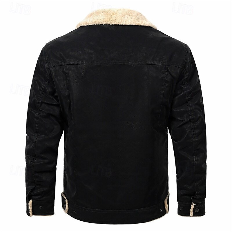 Men's Faux Leather Jacket Winter Jacket Fleece Jacket Casual Jacket Vacation Daily Thermal Warm Pocket Fleece Fall Winter Plain Fashion Streetwear Lapel Regular Black Jacket4