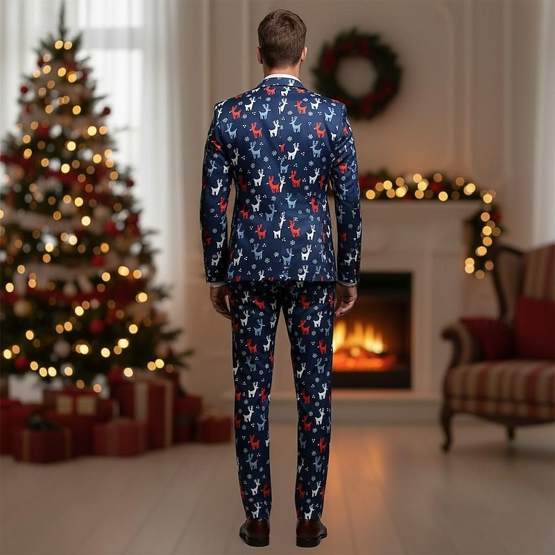Reindeer Christmas Party Suit Three Piece Suit Blazer Men's Funny Christmas Lights Pattern Fancy Dress Adults Christmas New Year Party Trousers waistcoat Suit4