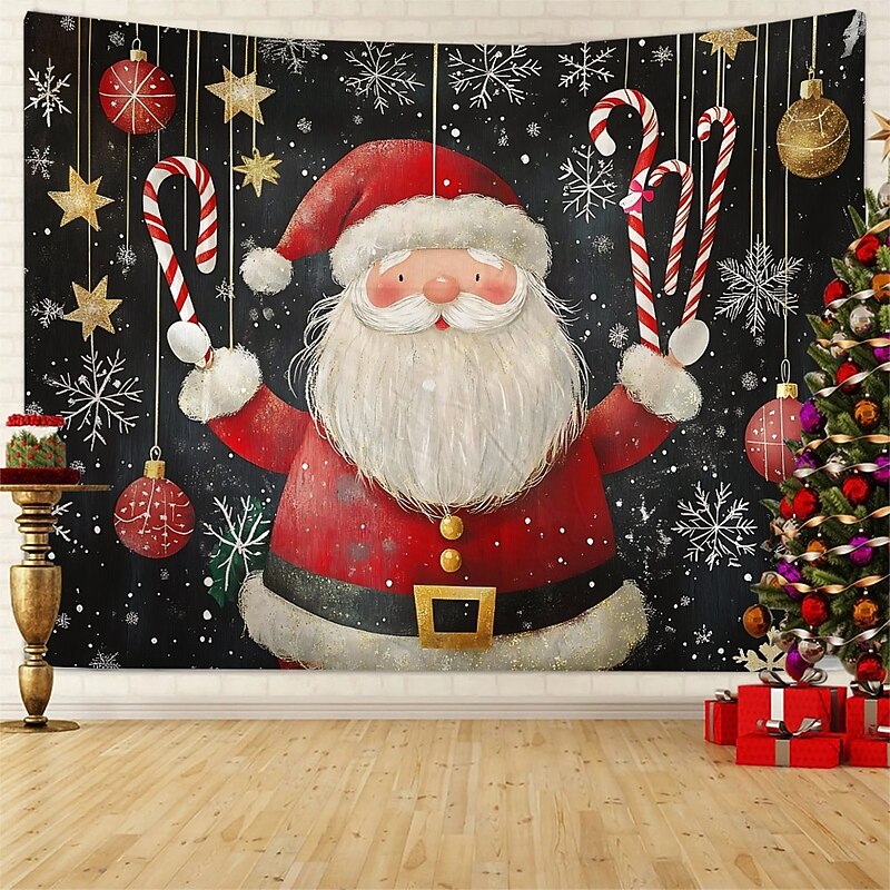 Chrismas Hanging Tapestry Santa Claus Peeking Christmas Tree Gingerbread House Ornament Balls Large Wall Art Mural Decor Blanket Curtain Holiday Home Bedroom Living Room Festive Party Decoration2