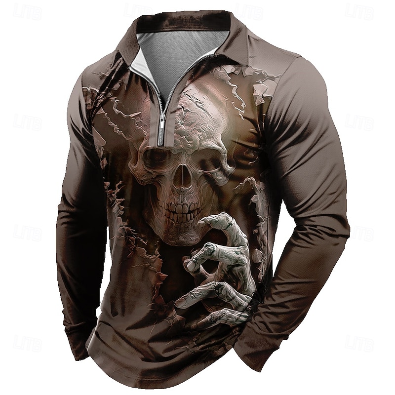 Day of the Dead Men's Skull Polo Long Sleeve Polo Shirts Lapel Casual Dark Daily Wear Festival Outfit 3D Print Quarter Zip Polo Spring Fall Winter Blue Brown Green2