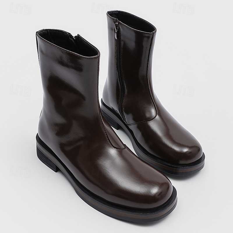 Men's Brown Faux Leather High Ankle Boots – Classic Zipper Dress Boots for Winter, Business and Formal Occasions2