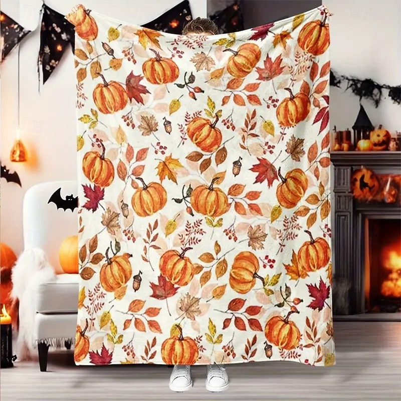 Halloween Fleece Throw Blanket for Couch Pumpkin Farm Rustic Cottagecore Party Sofa Bed Decorative Warm Blanket Home Decor2