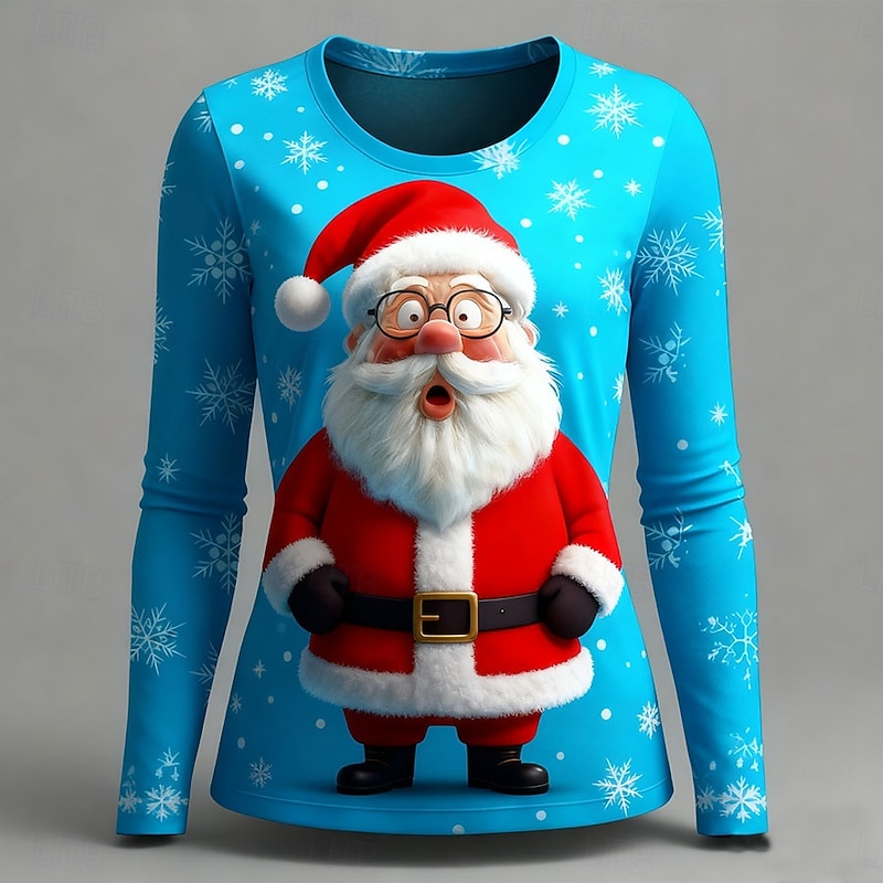 Christmas Women's T Shirt Graphic Santa Claus Fashion Casual Long Sleeve Crew Neck Regular Tops Daily Weekend Print Red Blue Khaki Summer Spring Fall2