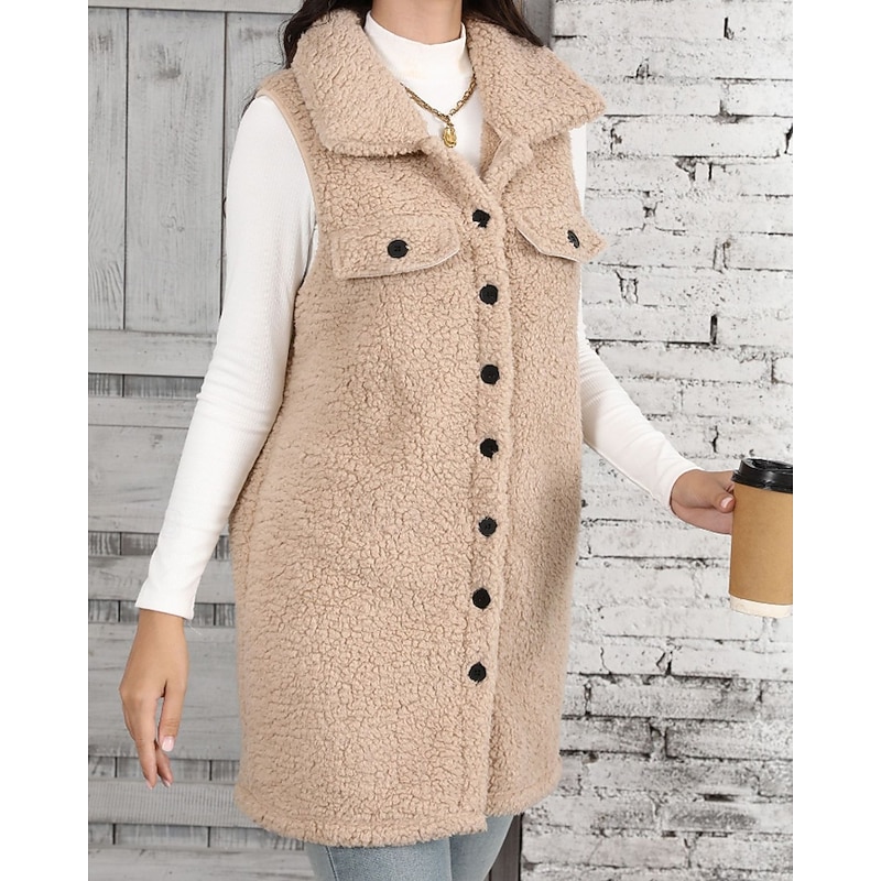 Women's Vest Comfortable Pocket Buttons Casual Solid Color Vacation Street Casual Daily Wear Regular Long Turndown Regular Fit Sleeveless Outerwear Khaki Fall Winter4