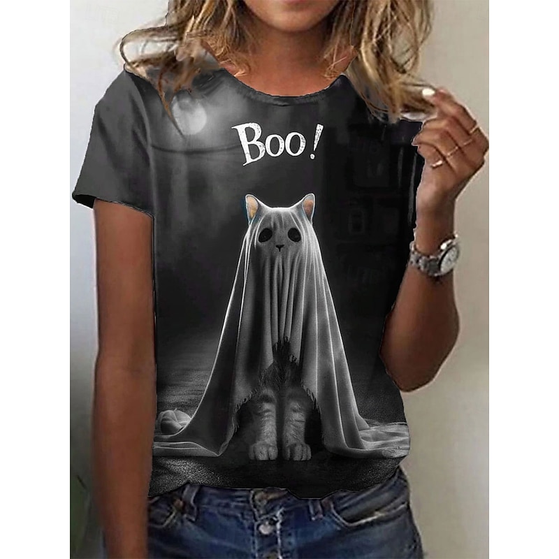 Halloween Women's T Shirt Graphic Cat Ghost Vintage Stylish Classic Short Sleeve Crew Neck Regular Tops Daily Going out Weekend Print Black Summer Fall